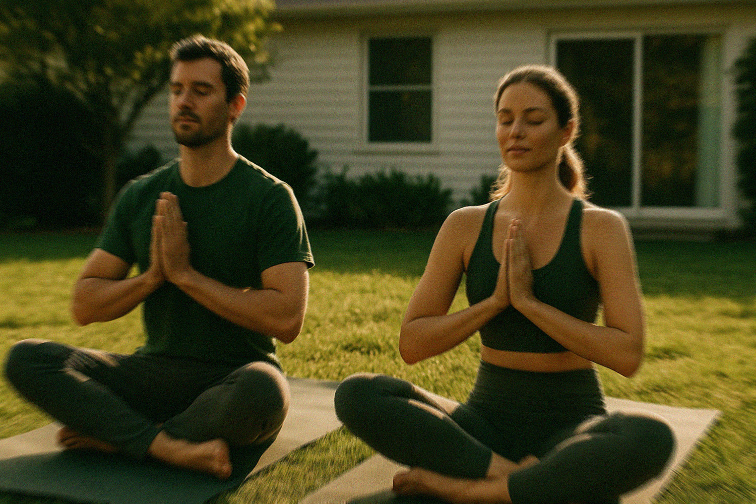 Two people sitting cross-legged on yoga mats outdoors, eyes closed with hands in prayer position, practicing meditation in a backyard.
