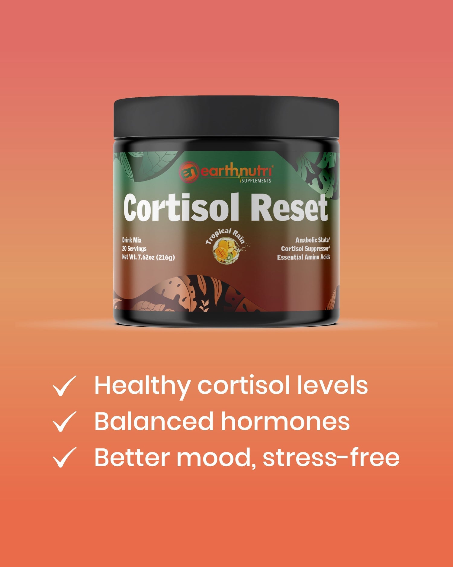 EarthNutri “Cortisol Reset” supplement jar on an orange gradient background with text highlighting support for healthy cortisol levels, balanced hormones, and improved mood.
