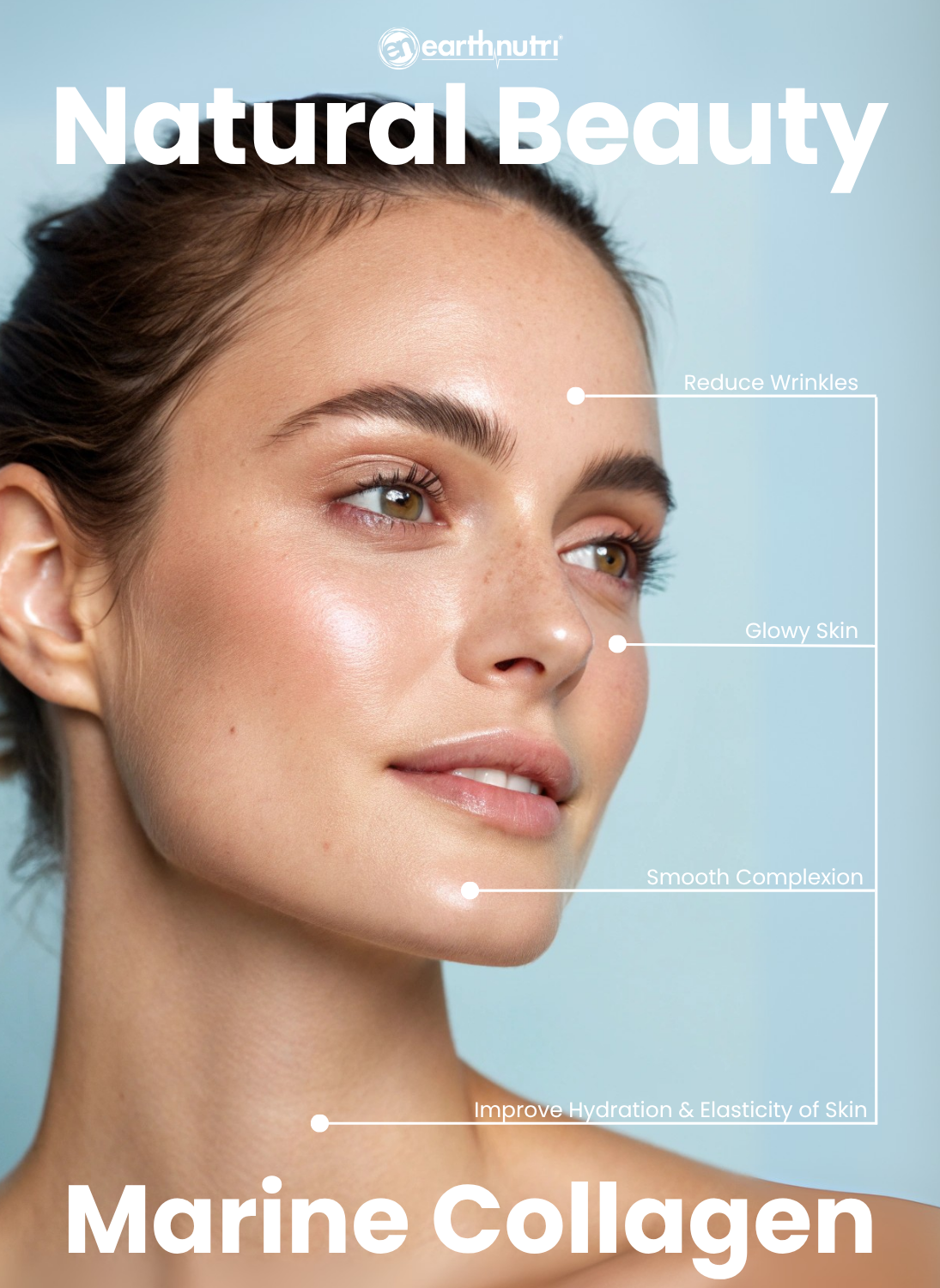 Close-up of woman with radiant, glowing skin highlighting the benefits of EarthNutri Marine Collagen, including reduced wrinkles, smoother complexion, improved hydration, and enhanced skin elasticity.