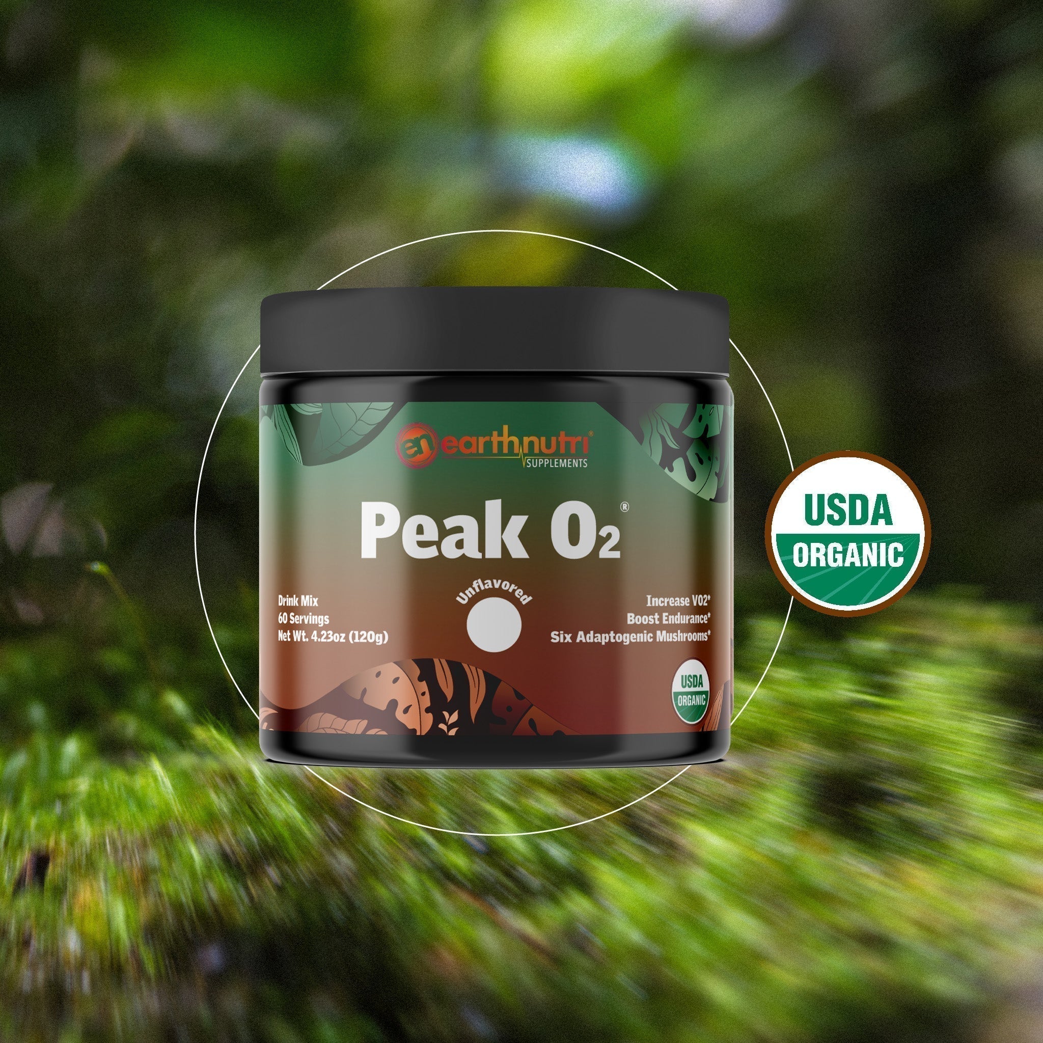 EarthNutri “Peak O2” supplement jar displayed against a blurred green forest background with a USDA Organic badge beside it.