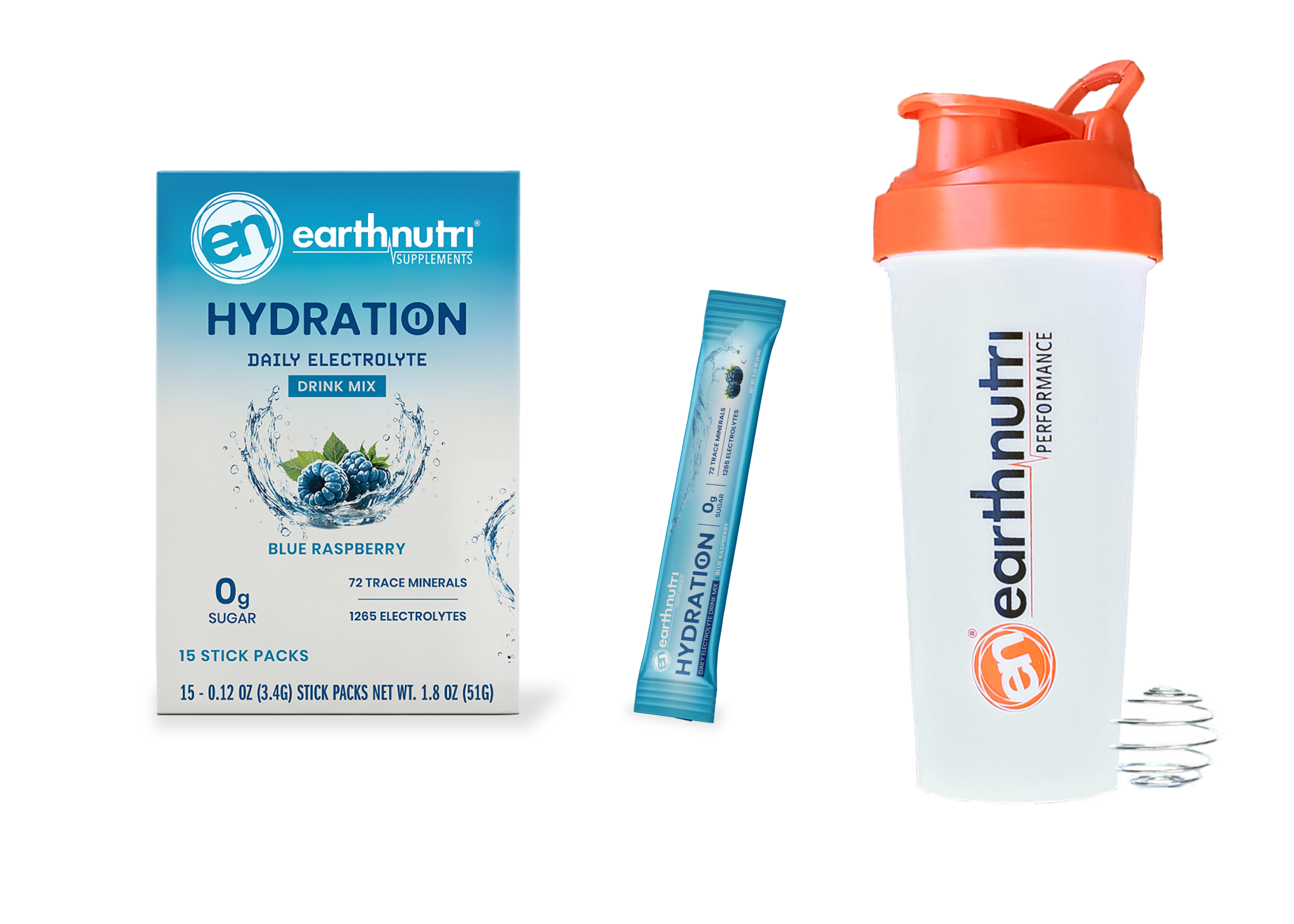 earthnutri hydration product set including a box, stick pack, and shaker bottle on a transparent background