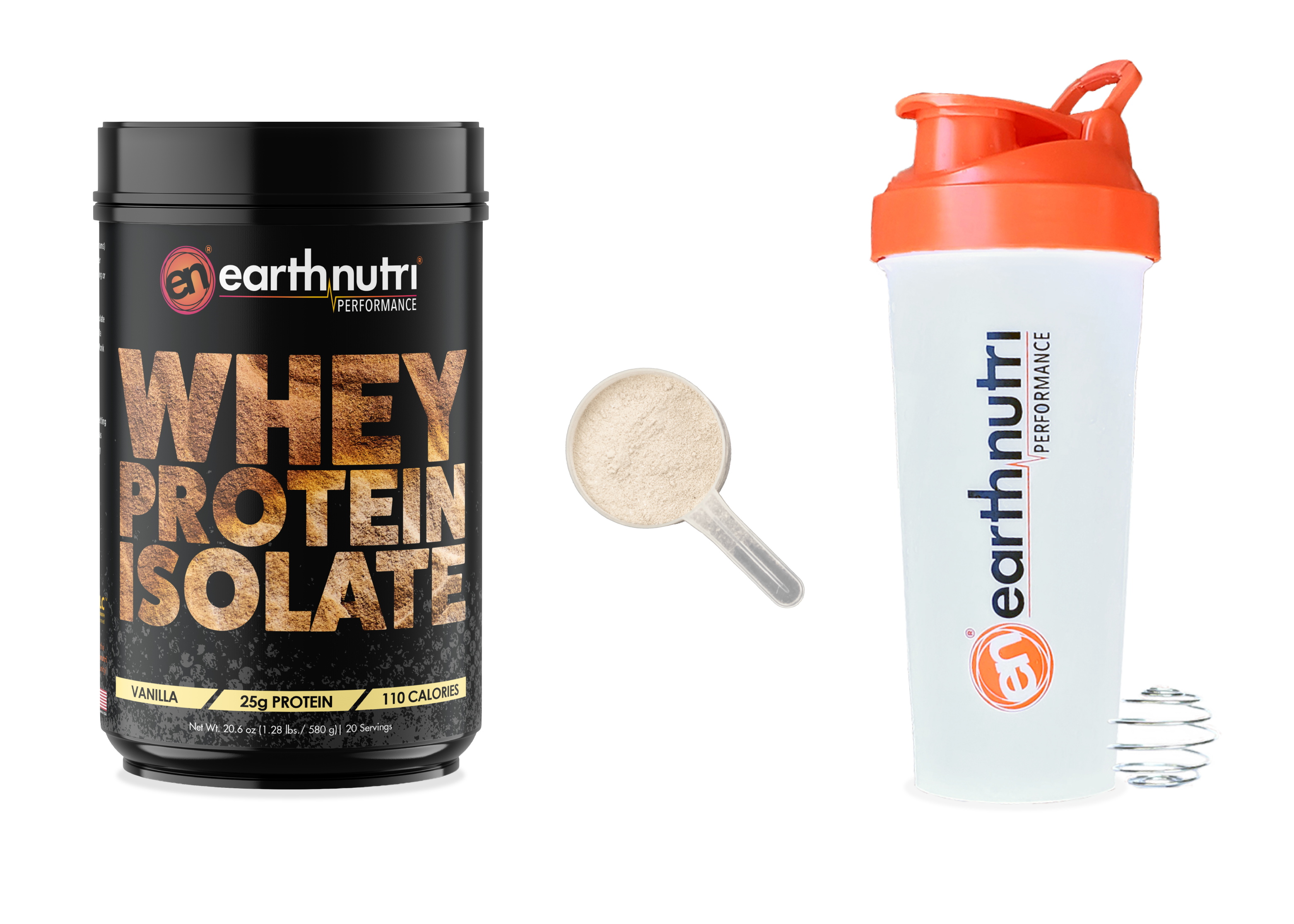 Earthnutri whey protein isolate vanilla flavored container with a shaker and scoop on a transparent background
