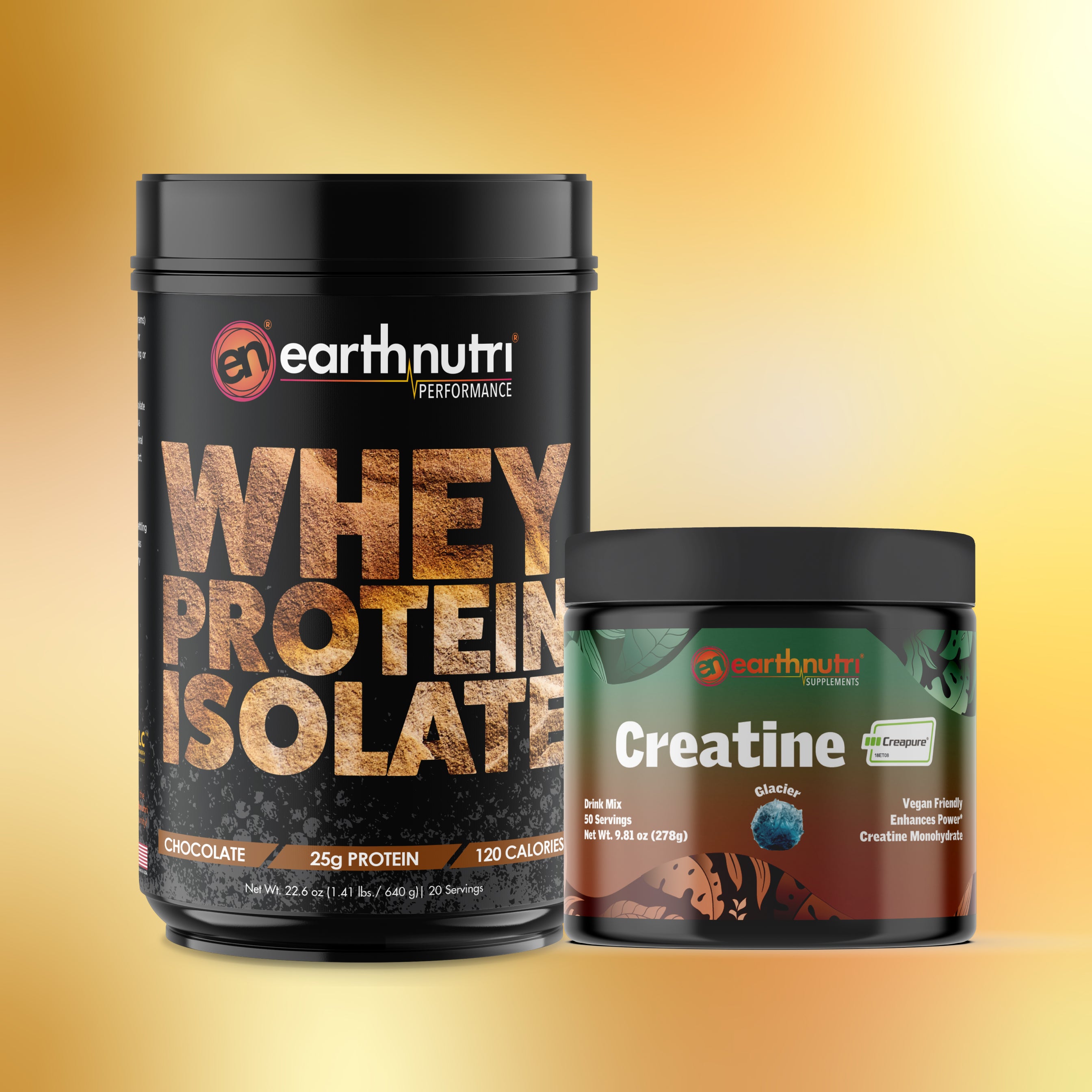 Whey Protein Chocolate tub and Creatine Glacier small tub.