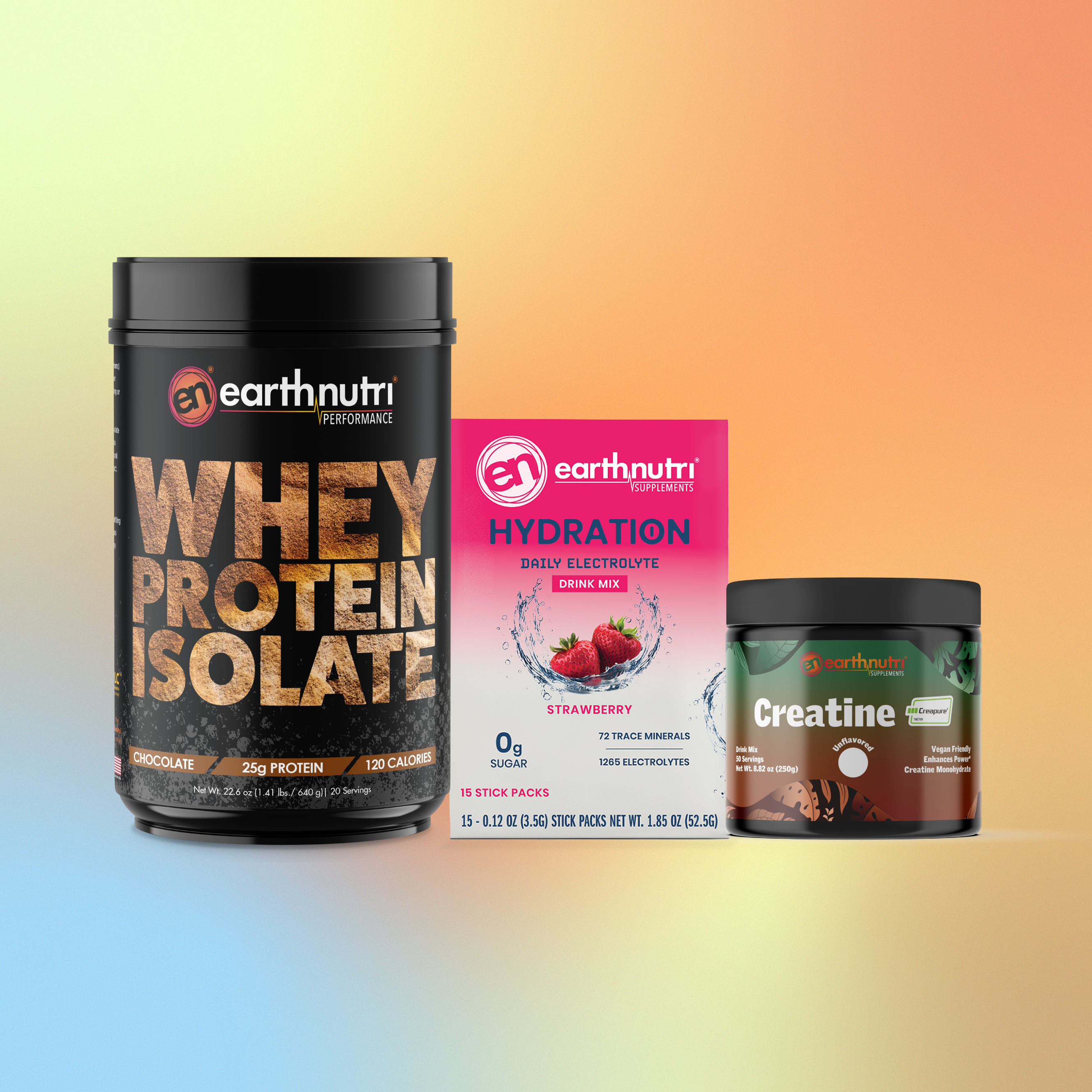 earthnutri whey protein isolate chocolate, hydration carton strawberry, and creatine tub unflavored on a gradient background