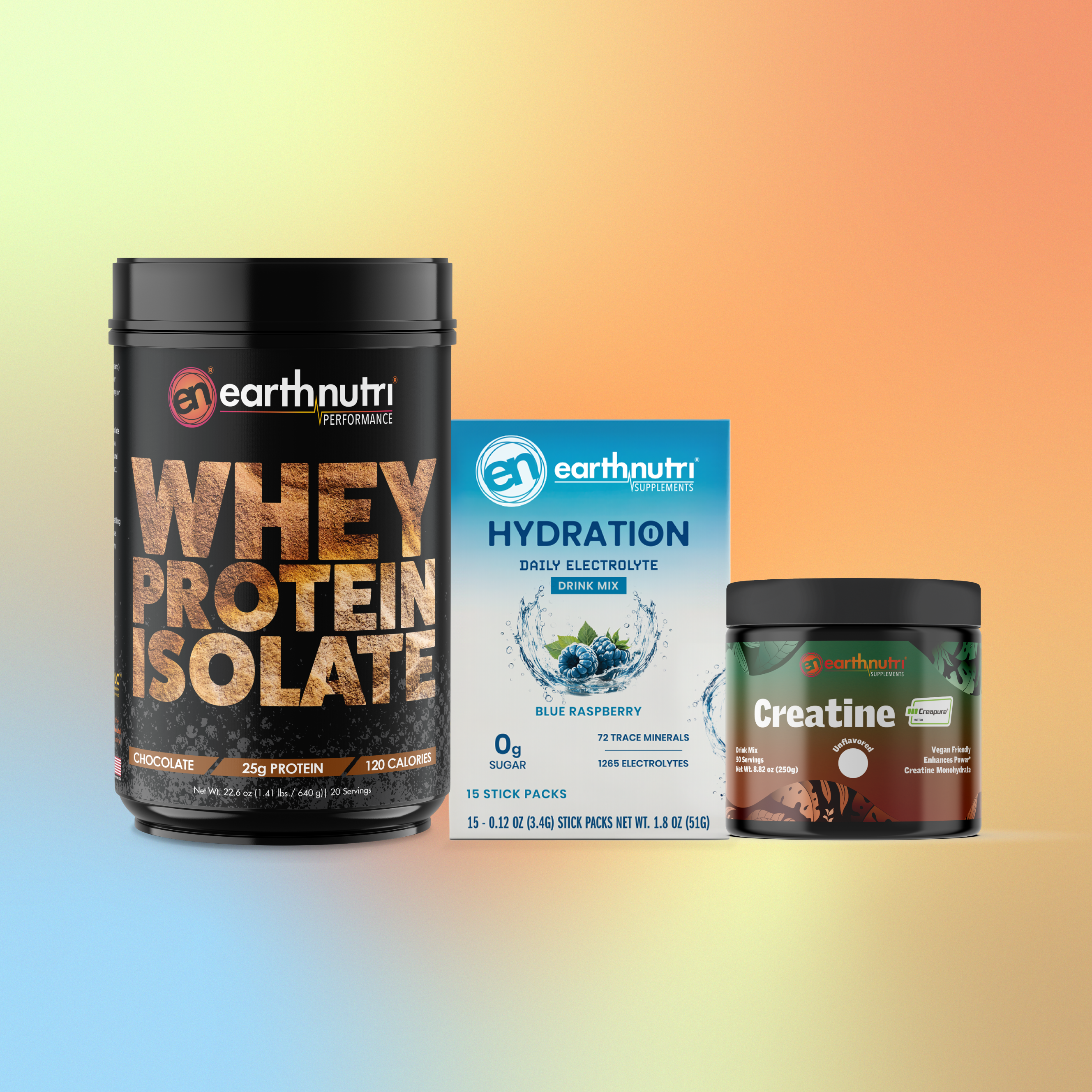 earthnutri whey protein isolate chocolate, hydration carton blue raspberry, and creatine tub unflavored on a gradient background