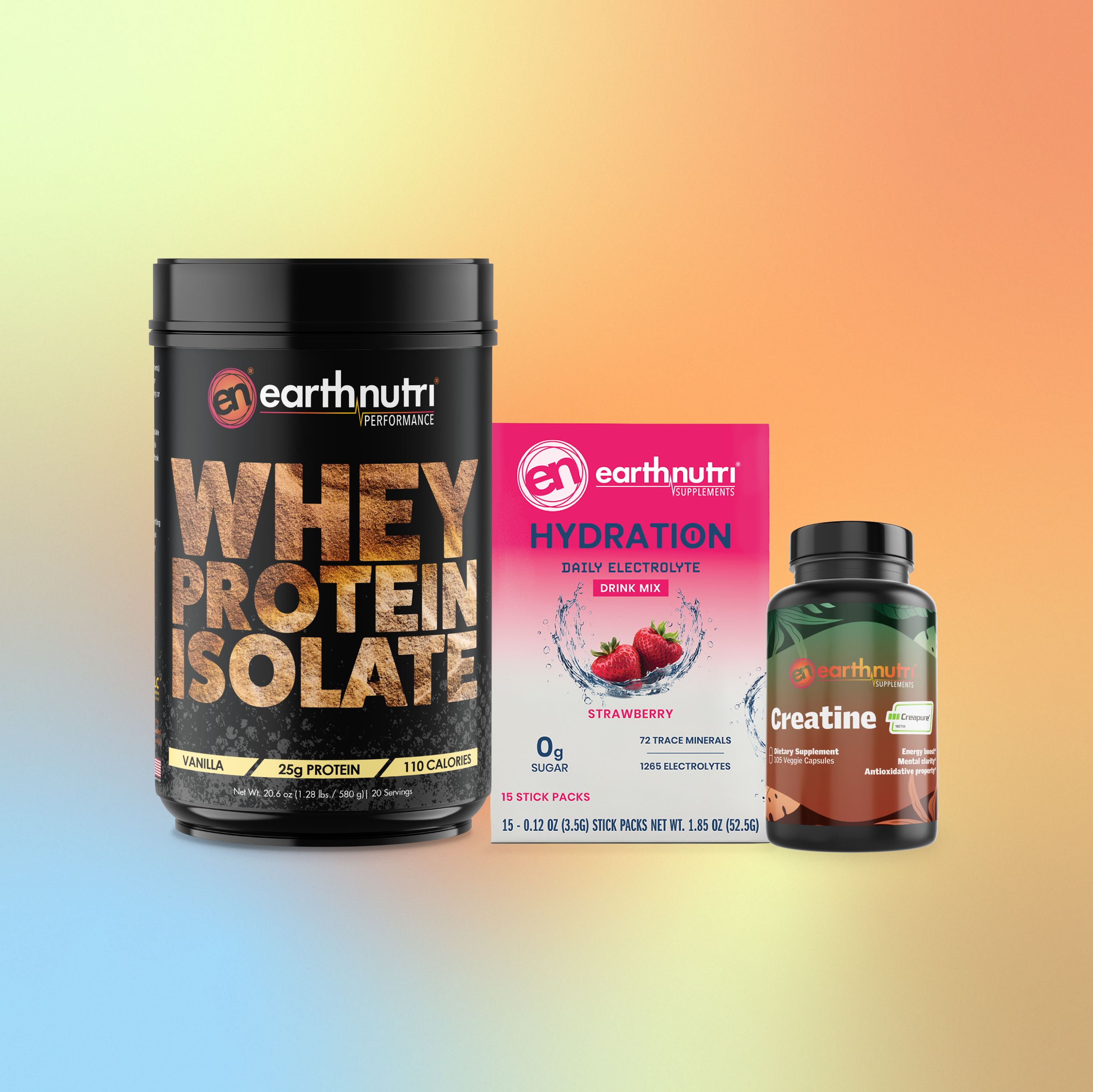 earthnutri whey protein isolate vanilla, hydration carton strawberry, and creatine pill bottle unflavored on a gradient background
