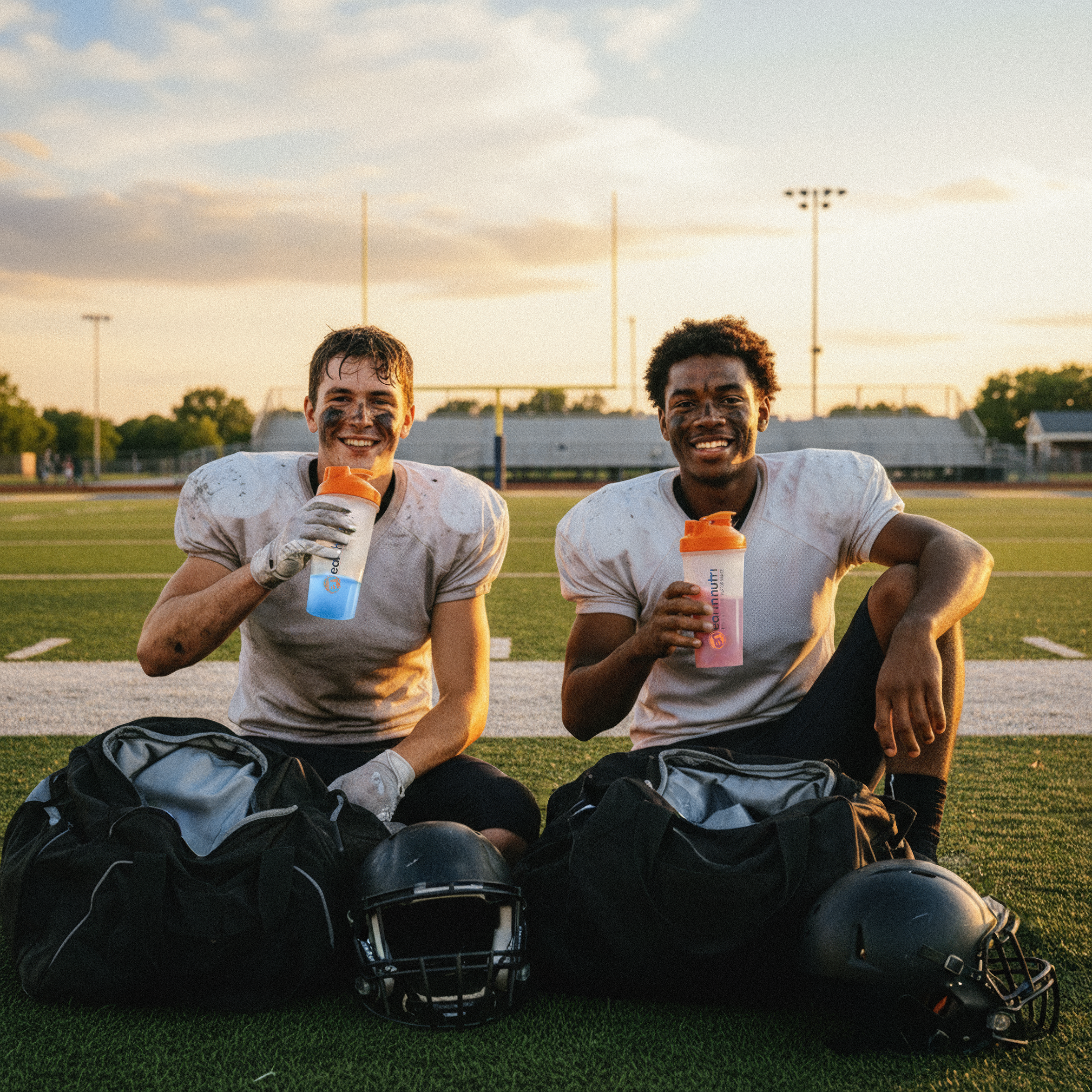 Two football players sitting on a field with sports bottles and helmets.