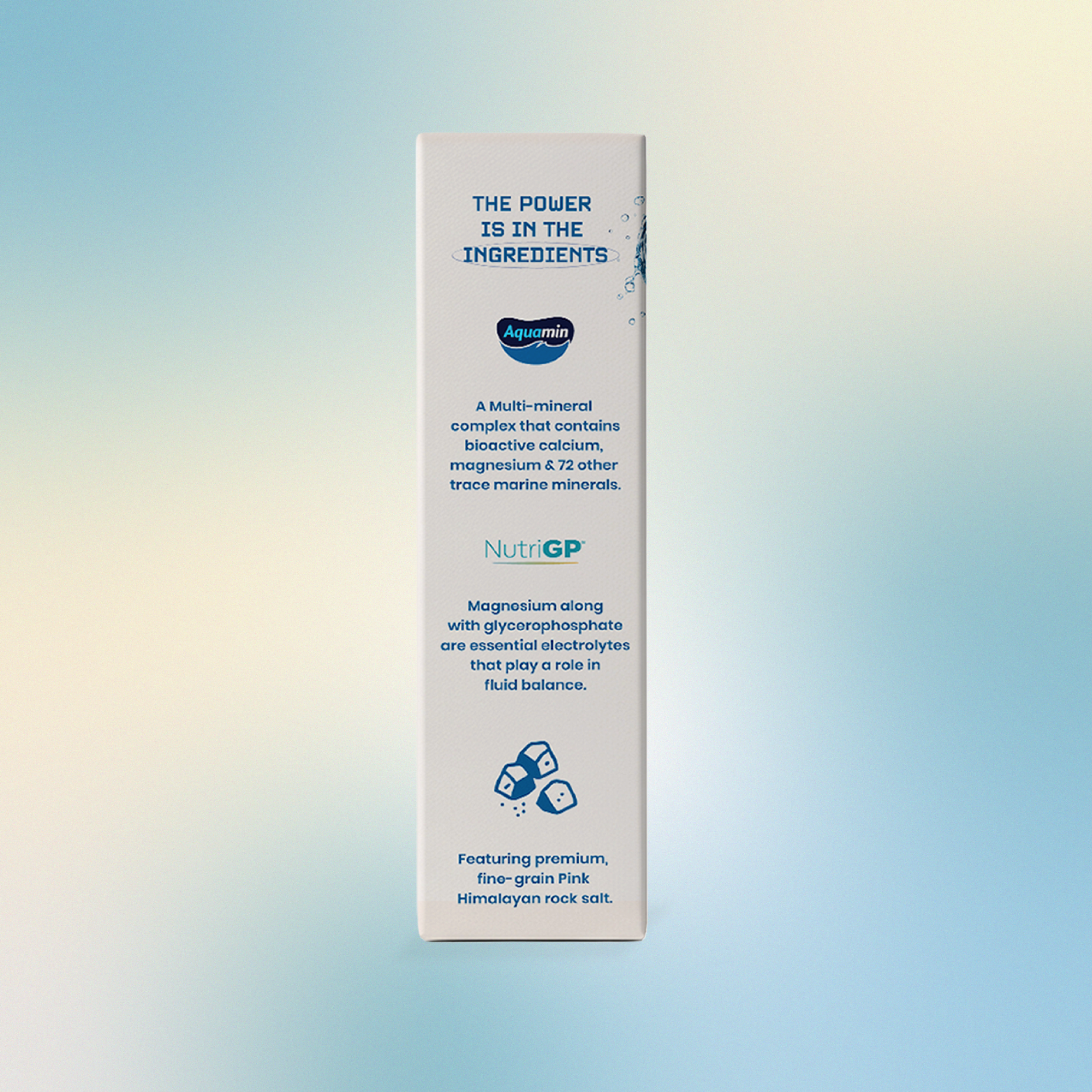 NutriGP and Aquamin logos and Pink Himalayan Salt icon on product packaging with description text on a gradient background