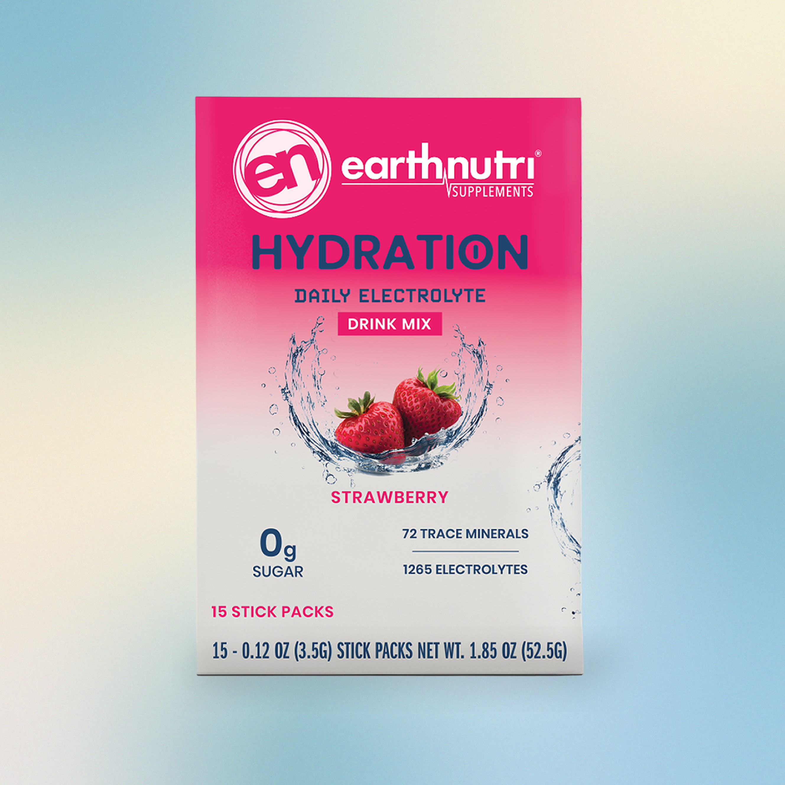 Earth Nutri Strawberry Hydration Drink Mix package on a gradient background