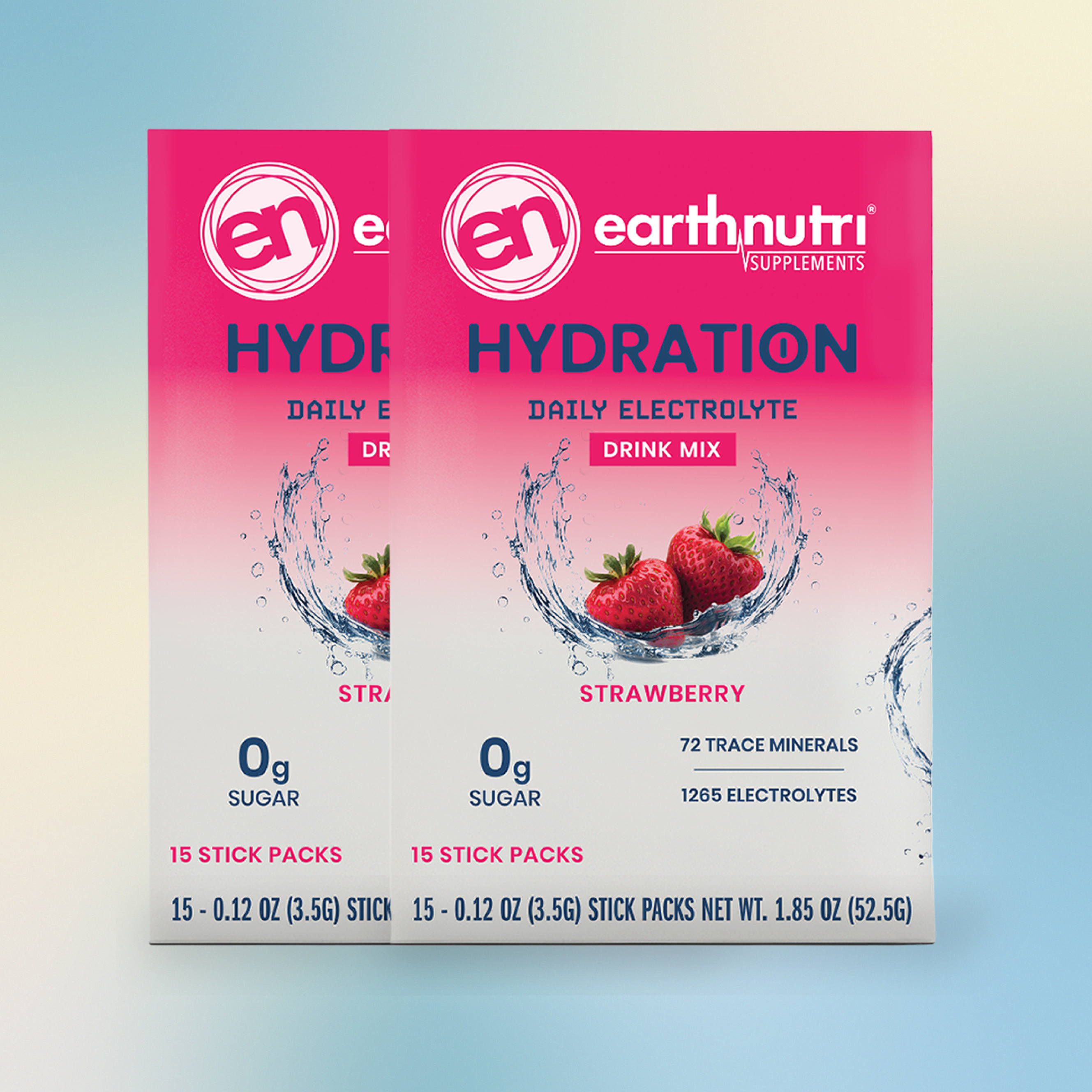 Two packages of Earthnutri Strawberry Hydration Drink Mix on a gradient background