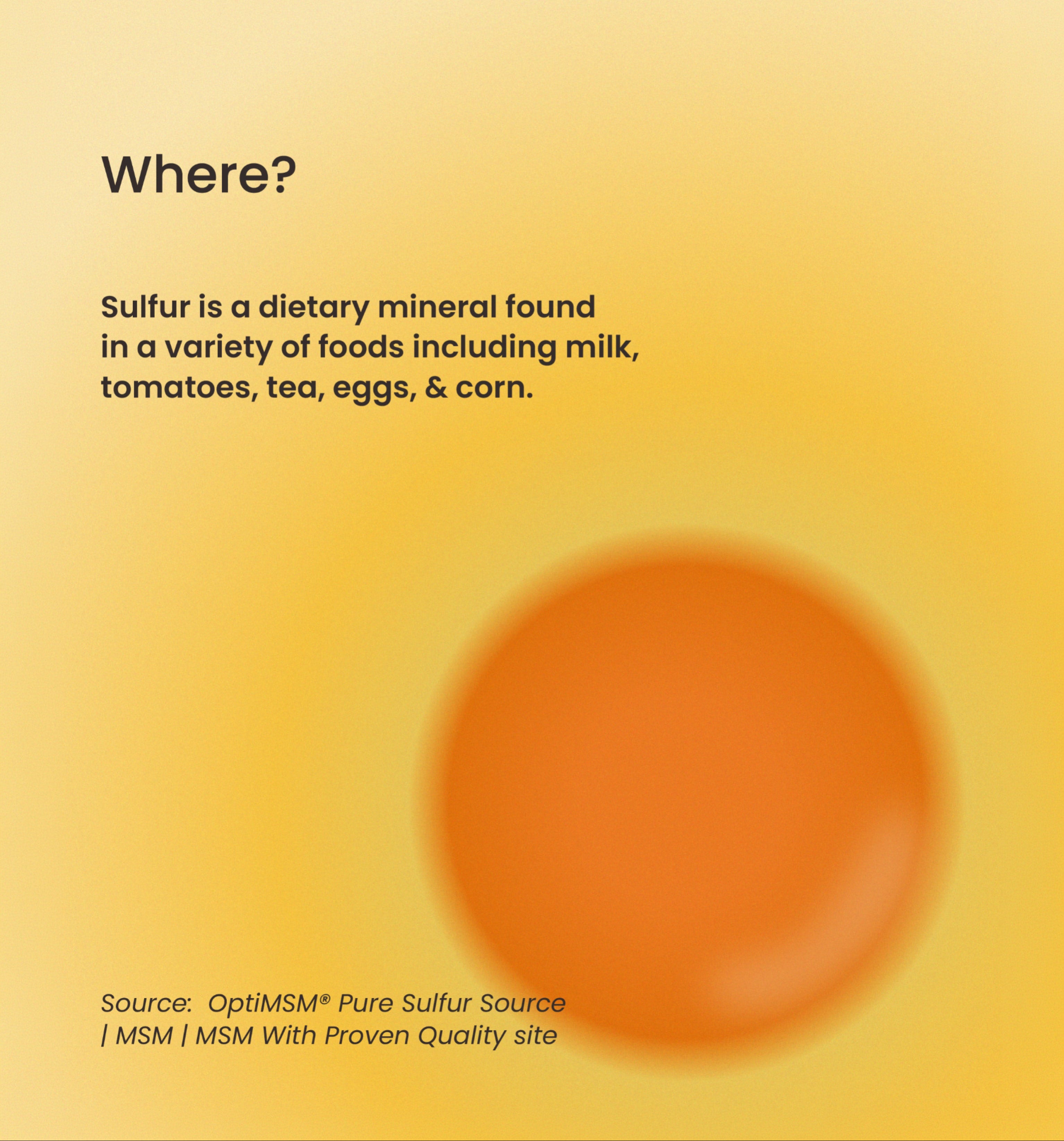 A yellow informational graphic with the heading 'Where?' and text explaining that sulfur is a dietary mineral found in foods like milk, tomatoes, tea, eggs, and corn. A soft orange circular shape appears on the lower right, and the source text at the bottom references OptiMSM and MSM.