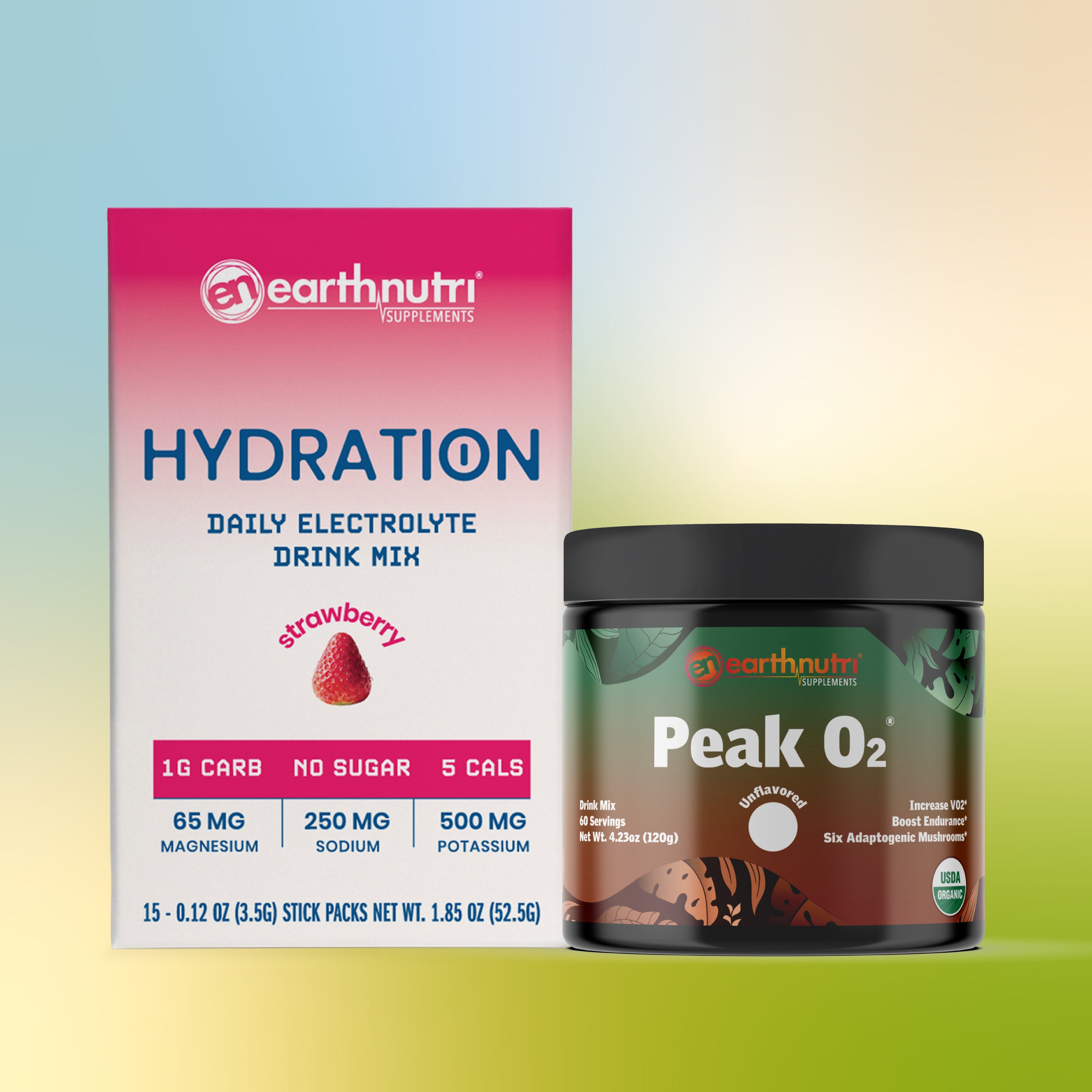 earthnutri hydration drink mix packaging and Peak O2 supplement container on a gradient background