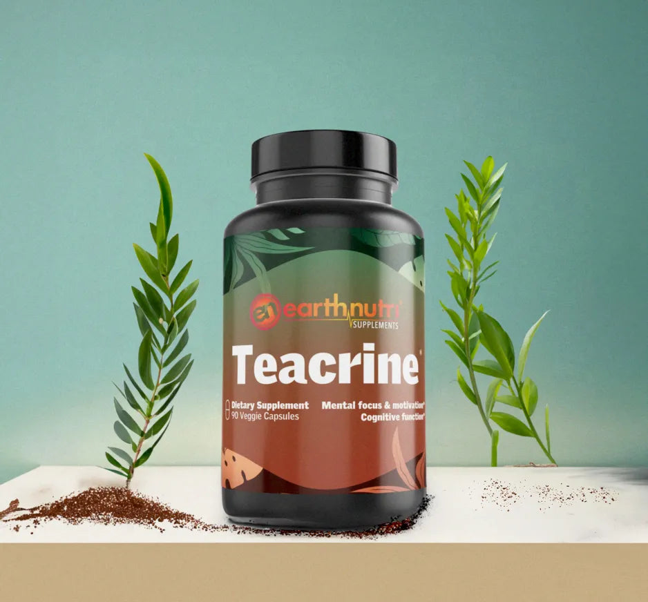 EarthNutri Teacrine supplement bottle with leaves and coffee grains, promoting focus and cognitive function