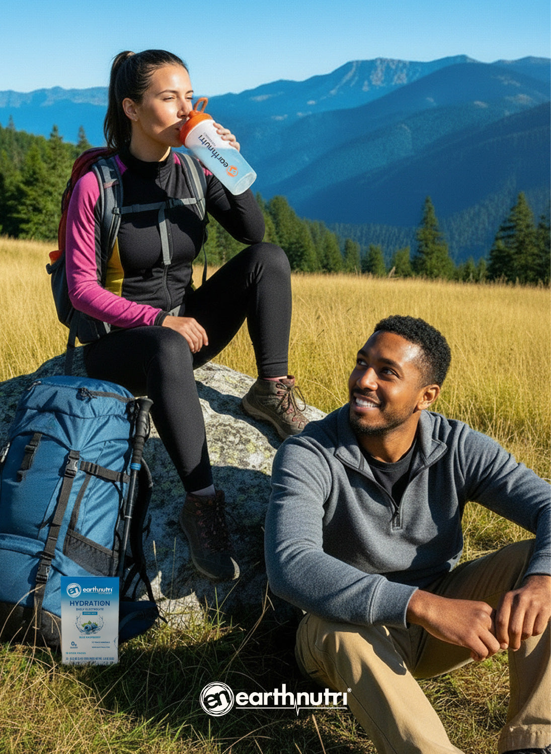 Two hikers resting in a mountain meadow; woman drinks from an EarthNutri bottle while sitting on a rock, with a backpack and EarthNutri hydration product displayed nearby, mountains in the background.