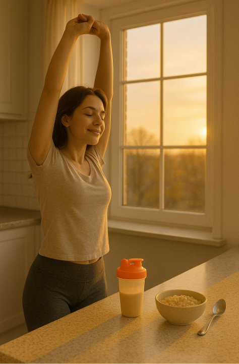 Morning stretch in sunlit kitchen with protein shake and oatmeal breakfast