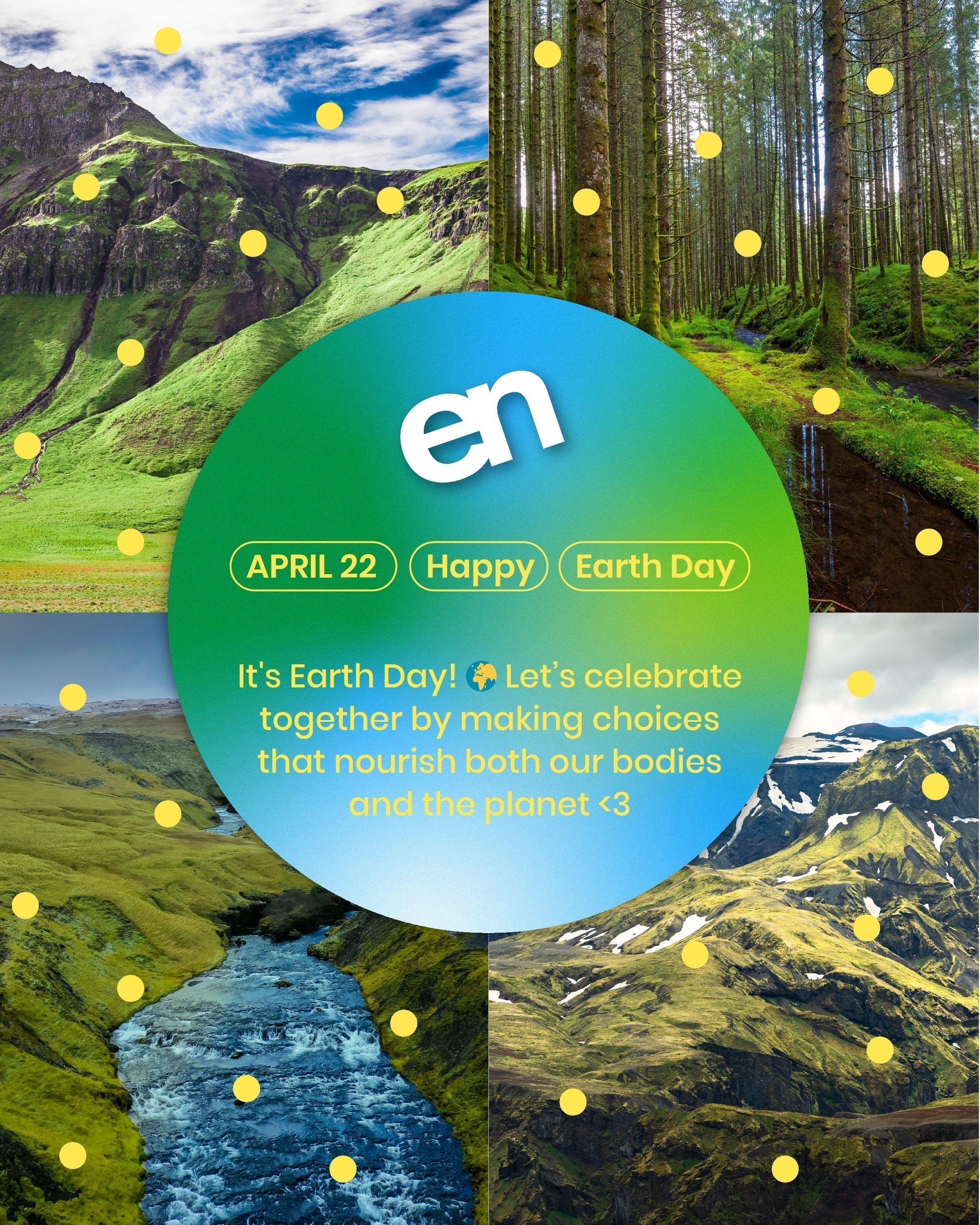 EarthNutri Earth Day graphic with nature scenes and a message about making choices that nourish our bodies and the planet