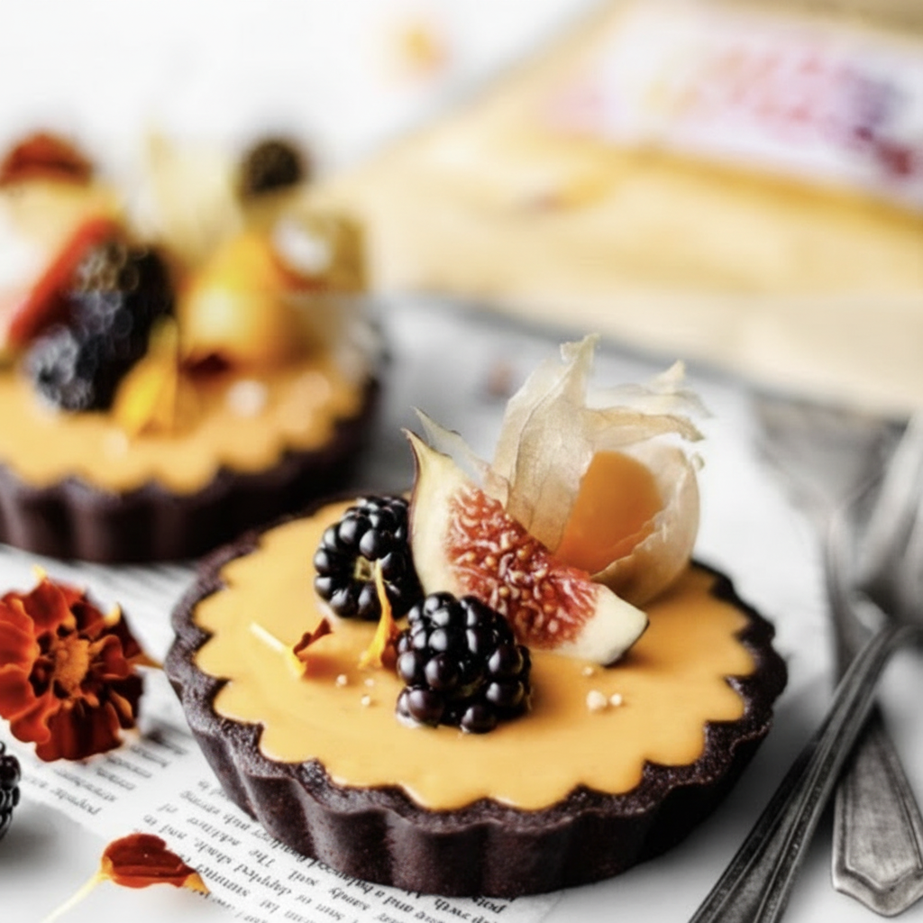 Mini tart with a dark chocolate crust and glossy filling, topped with blackberries, a fig slice, and a golden berry, styled with soft-focus pastries in the background.