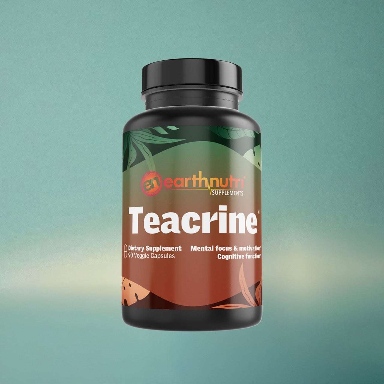 EarthNutri “Tearine” supplement bottle centered on a soft gradient background, labeled for mental focus and cognitive function.