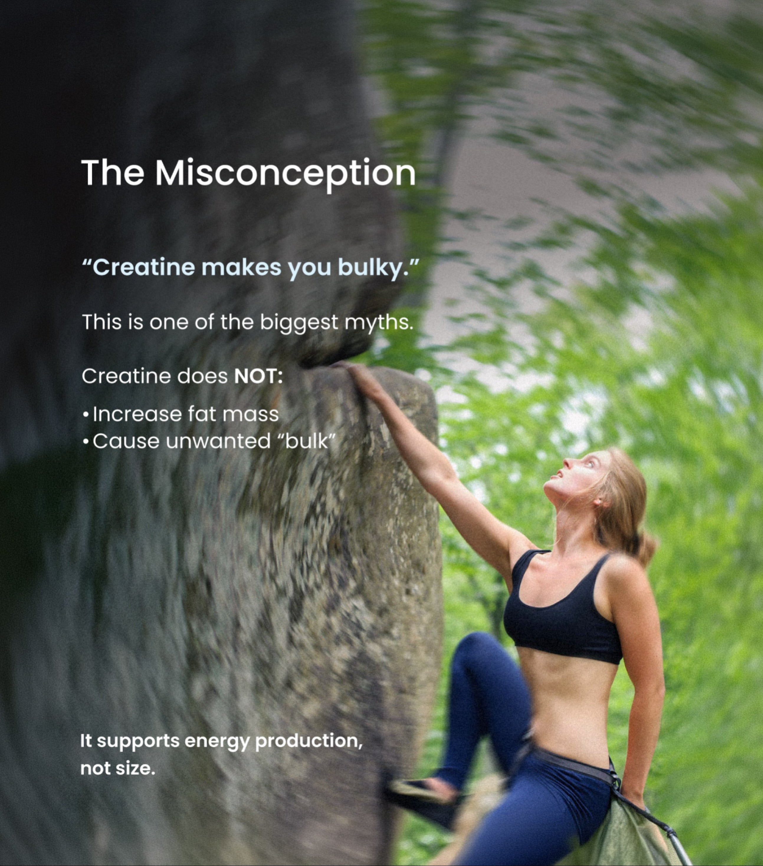 An informational graphic with text reading 'The Misconception' and a woman climbing a rock outdoors, wearing a black sports bra and blue leggings. The background is a blurred natural scene with green foliage and water.