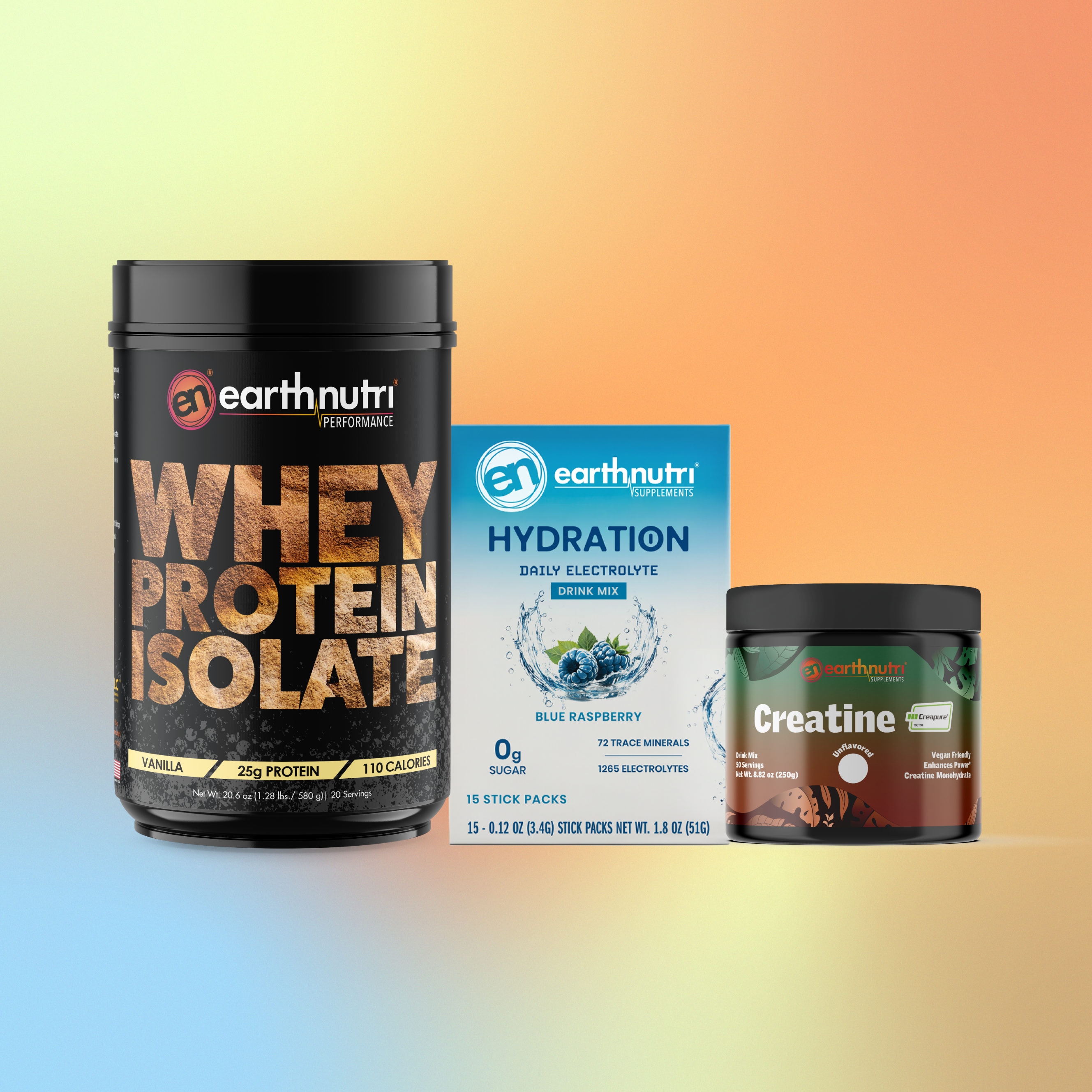 earthnutri whey protein isolate vanilla,  hydration carton blue raspberry, and creatine tub unflavored on a gradient background