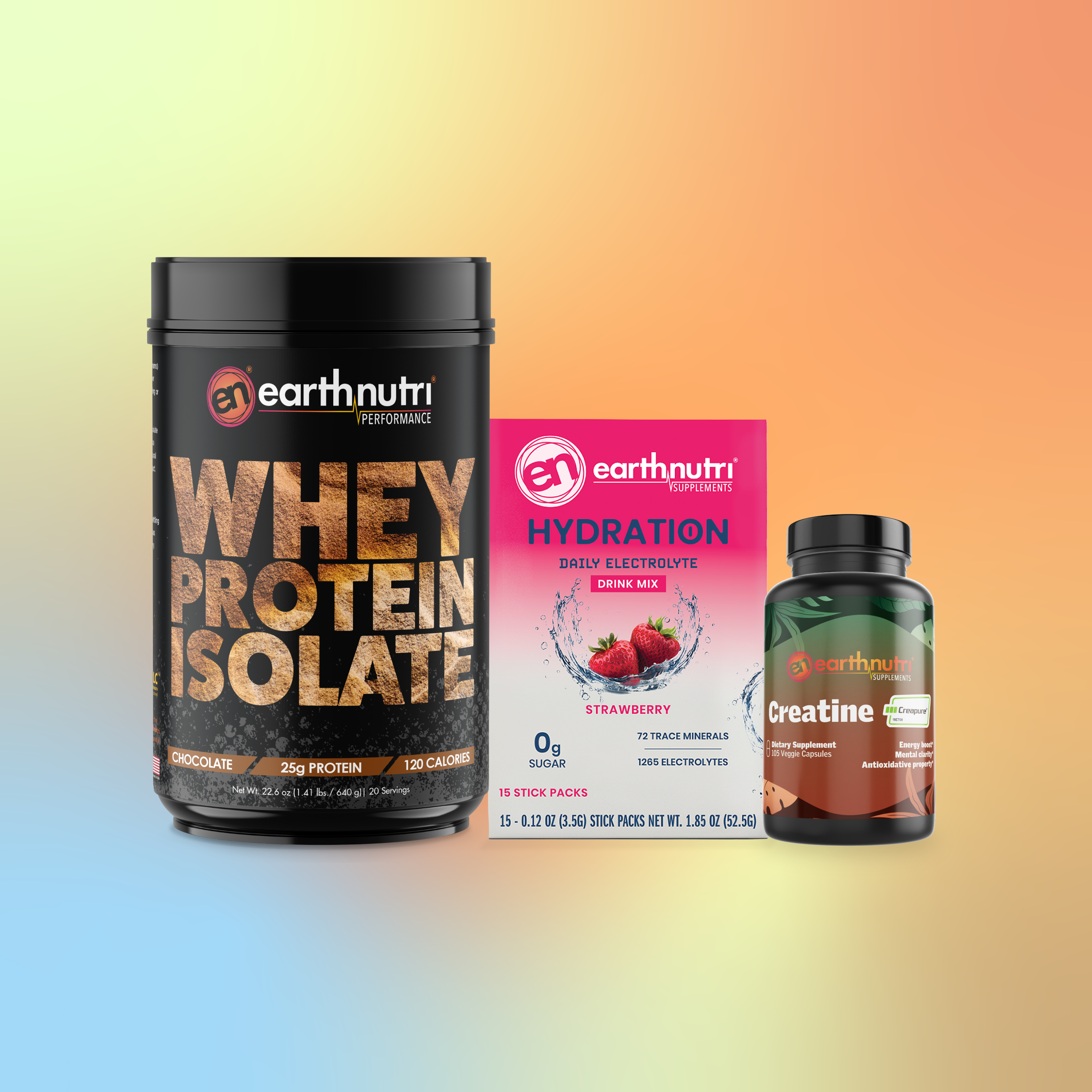 earthnutri whey protein isolate chocolate, hydration carton strawberry, and creatine pill bottle unflavored on a gradient background