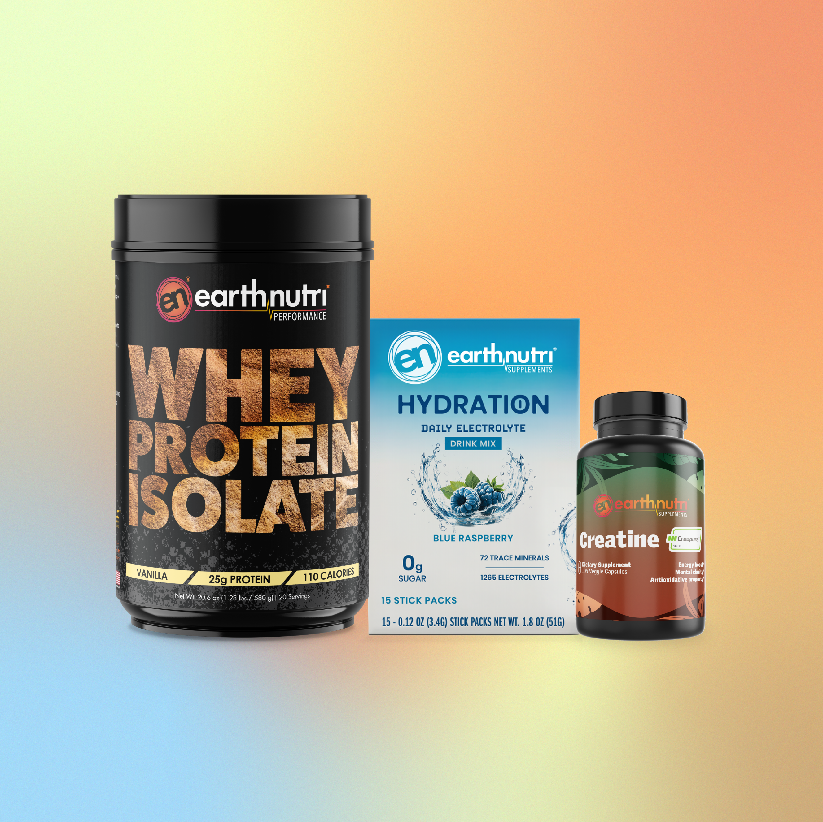 earthnutri whey protein isolate vanilla, hydration carton blue raspberry, and creatine pill unflavored on a gradient background
