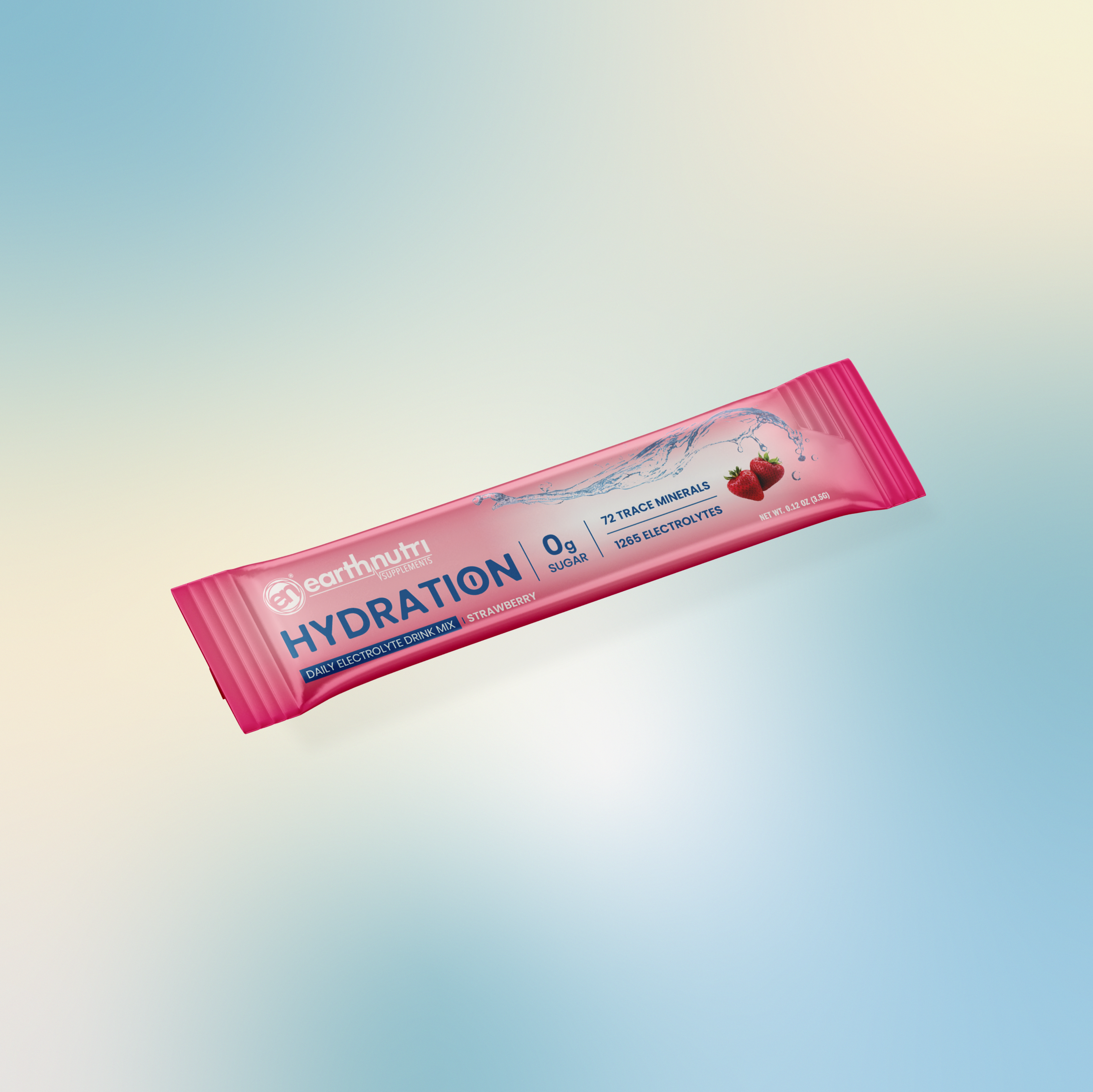 Pink hydration stick pack on a gradient blue background