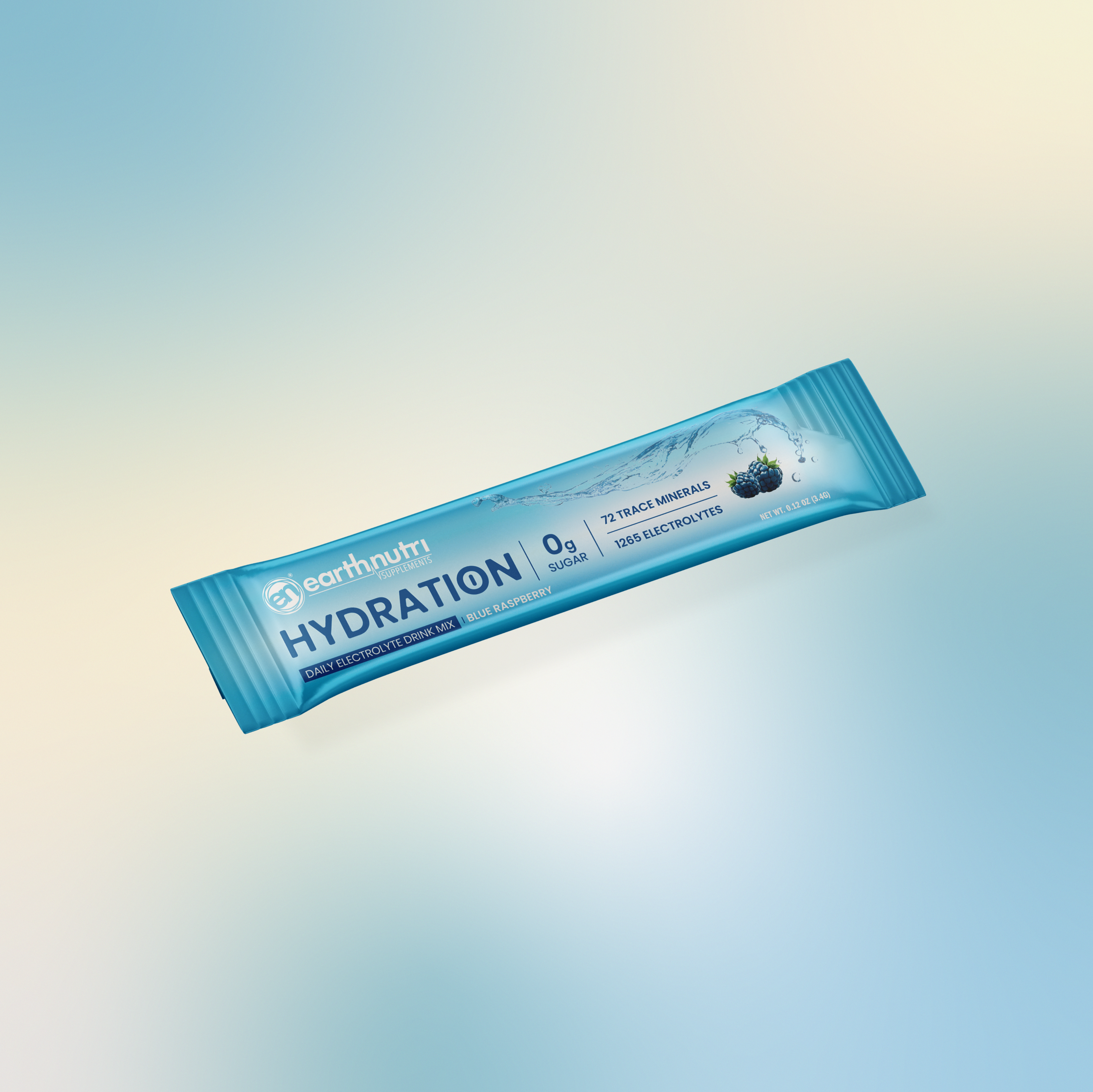 Blue hydration stick pack on a gradient background