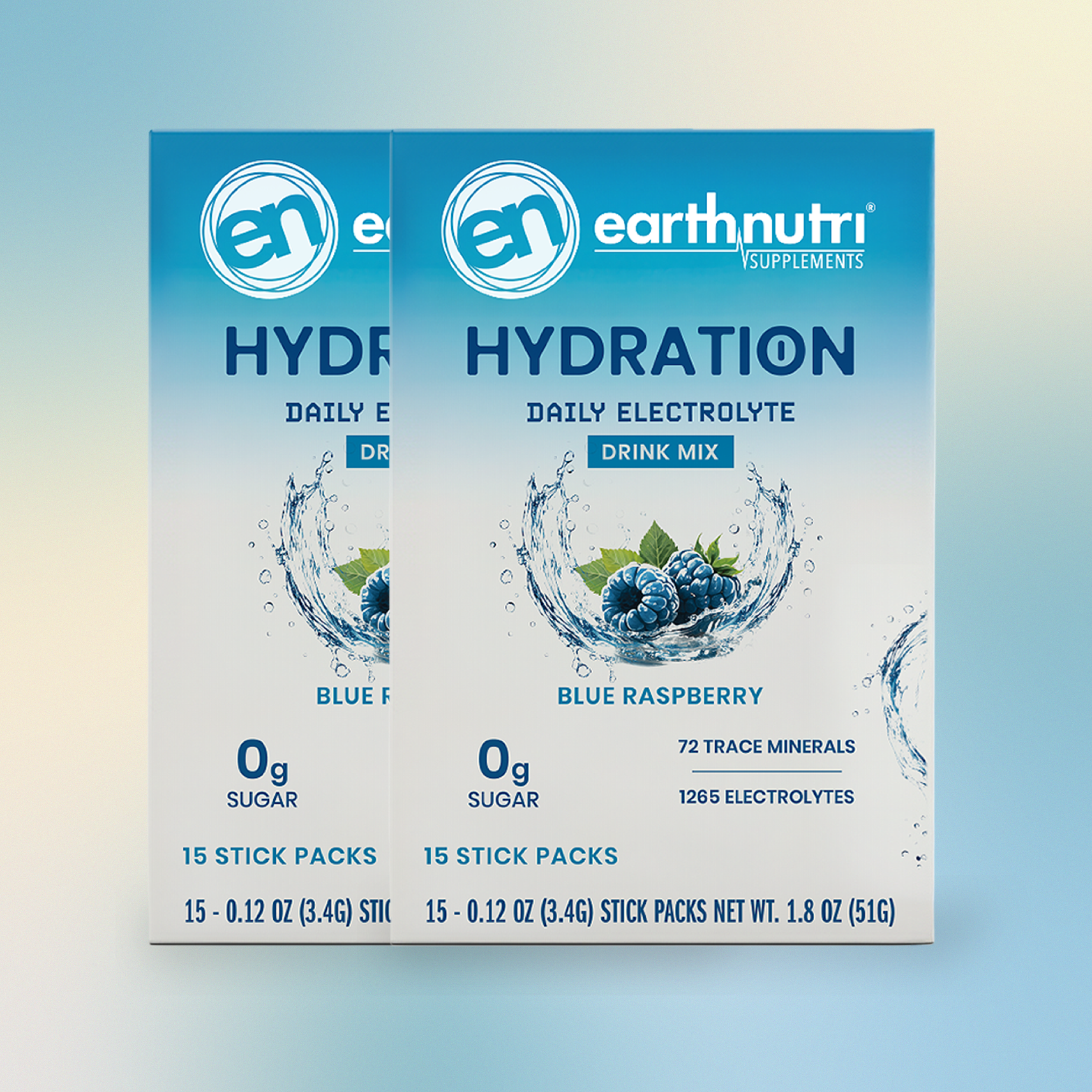 Two packages of blue raspberry Earth Nutri Hydration Drink Mix on a gradient background