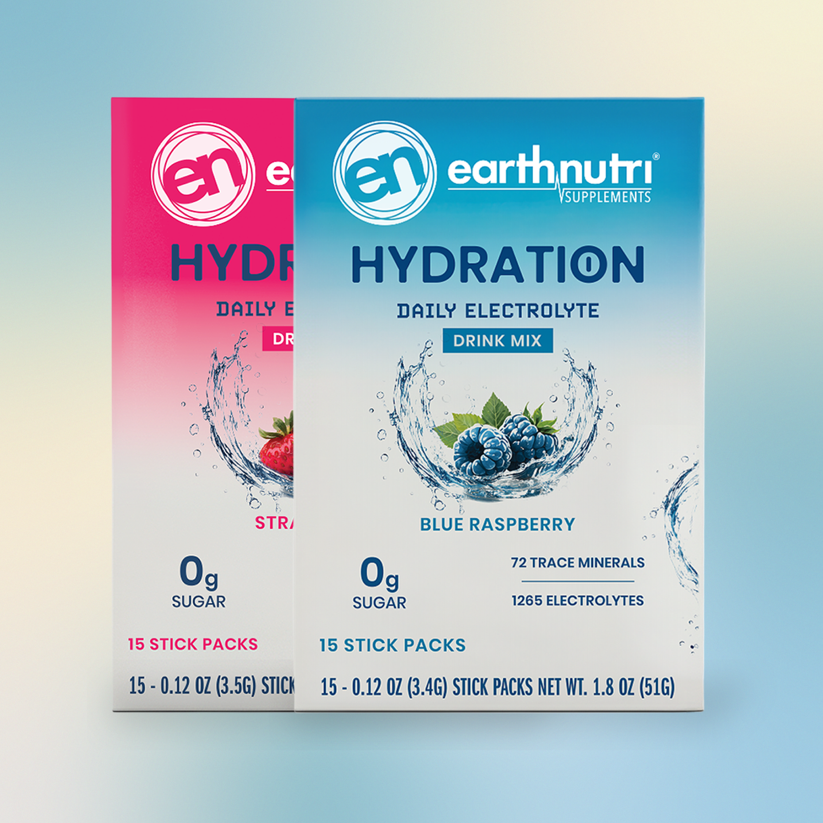 Two packages of Earth Nutri hydration drink mix, one pink and one blue, on a gradient background.