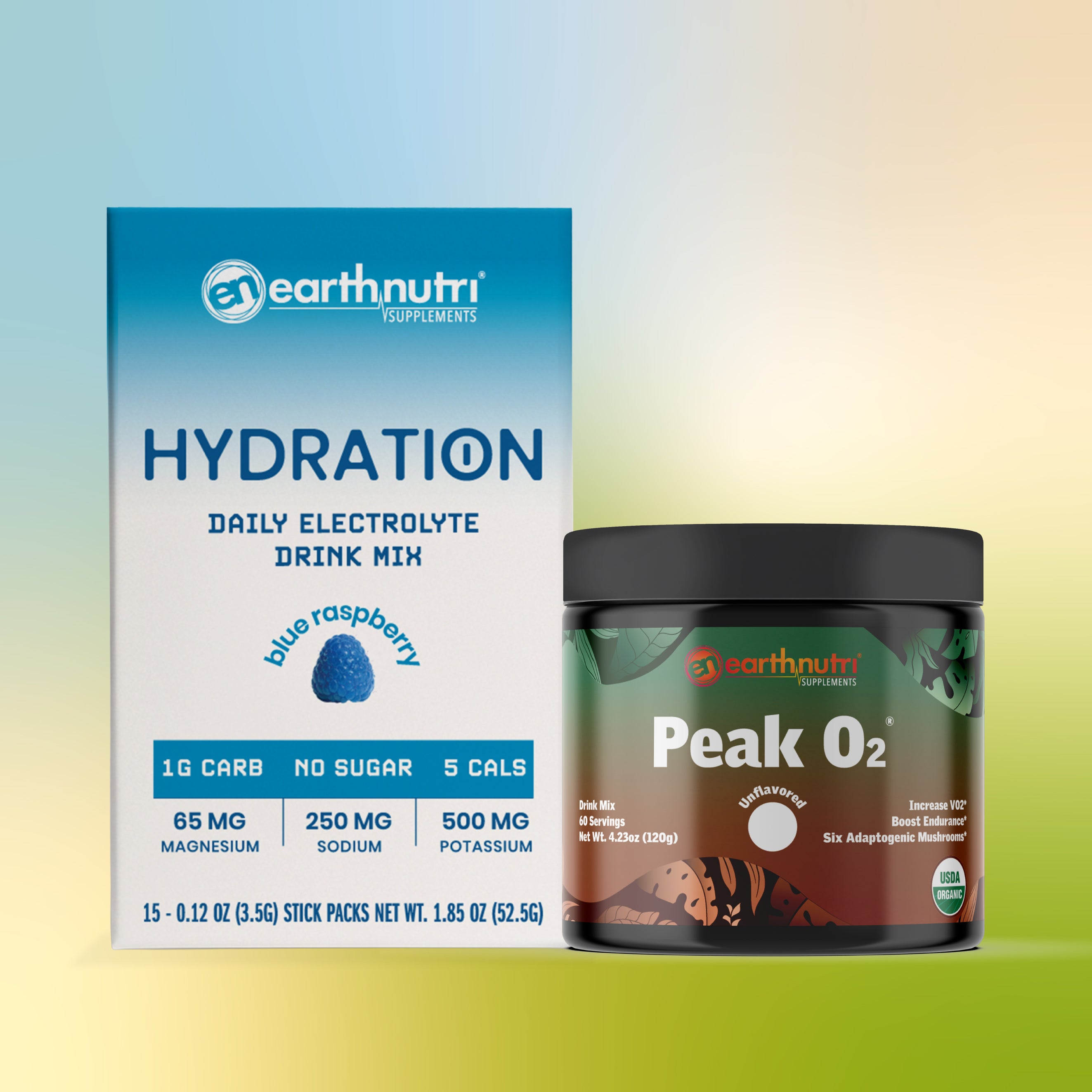 earthnutri hydration drink mix box and Peak O2 supplement jar on a gradient background