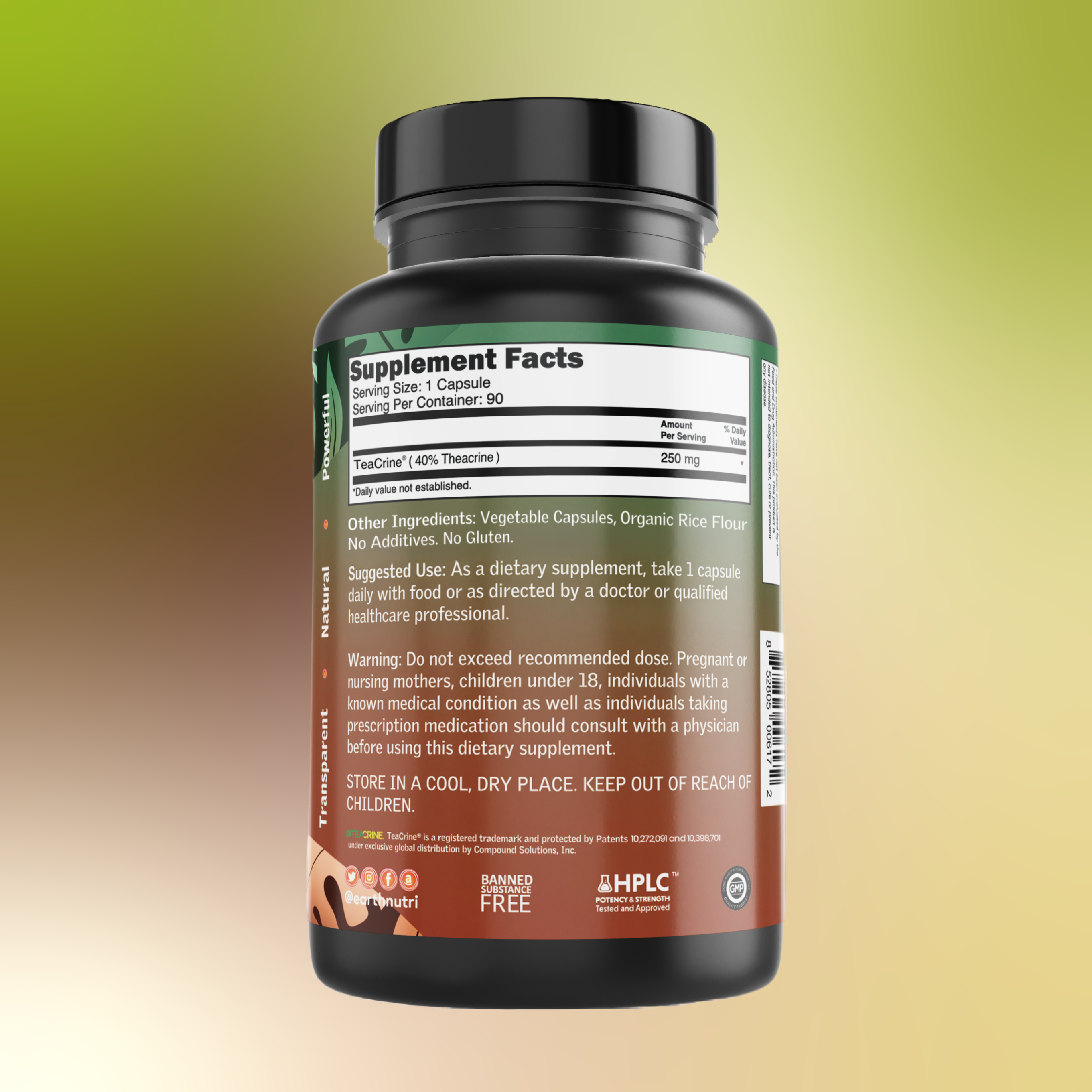 Teacrine Supplement bottle with label on a gradient background
