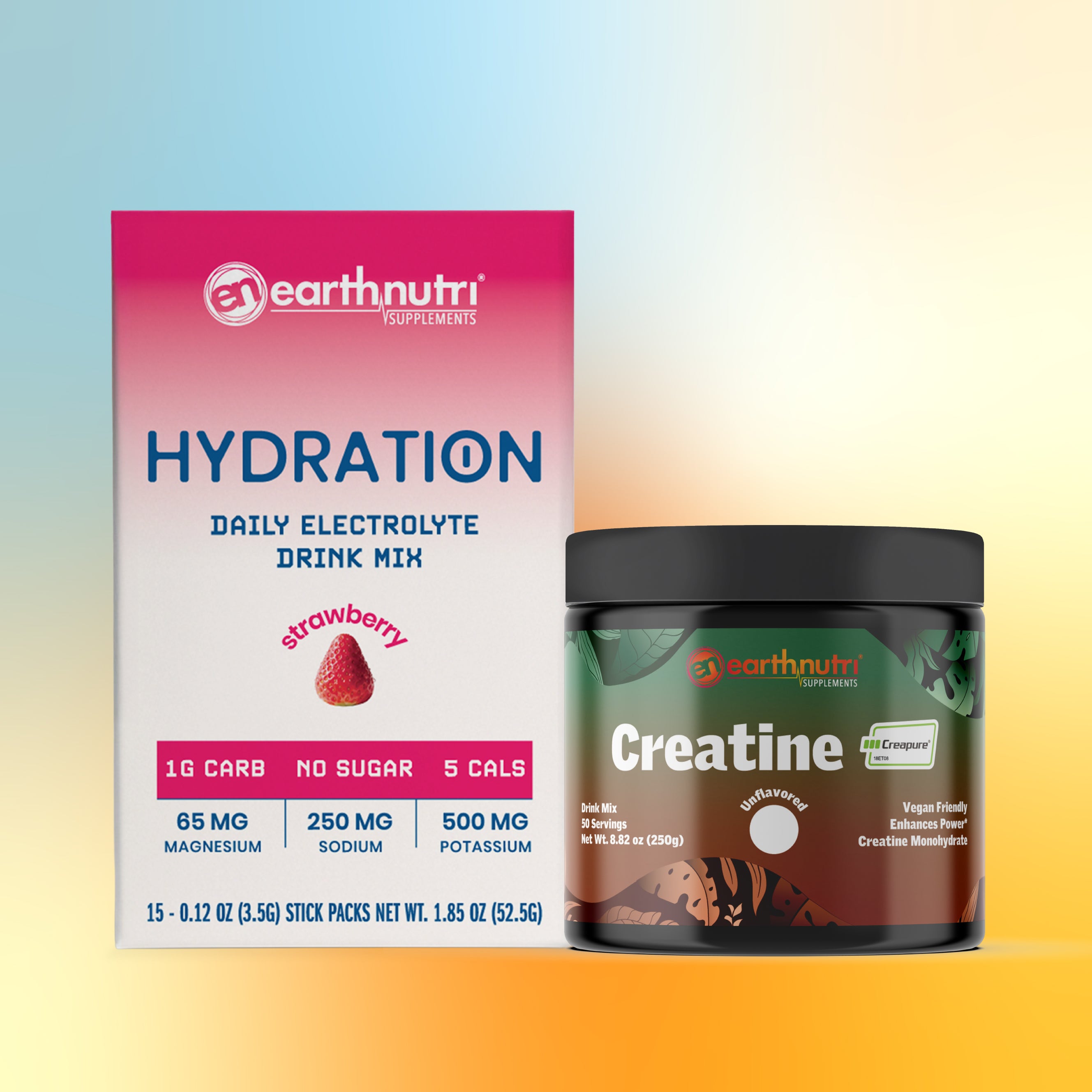 earthnutri hydration drink mix and creatine supplement on a gradient background