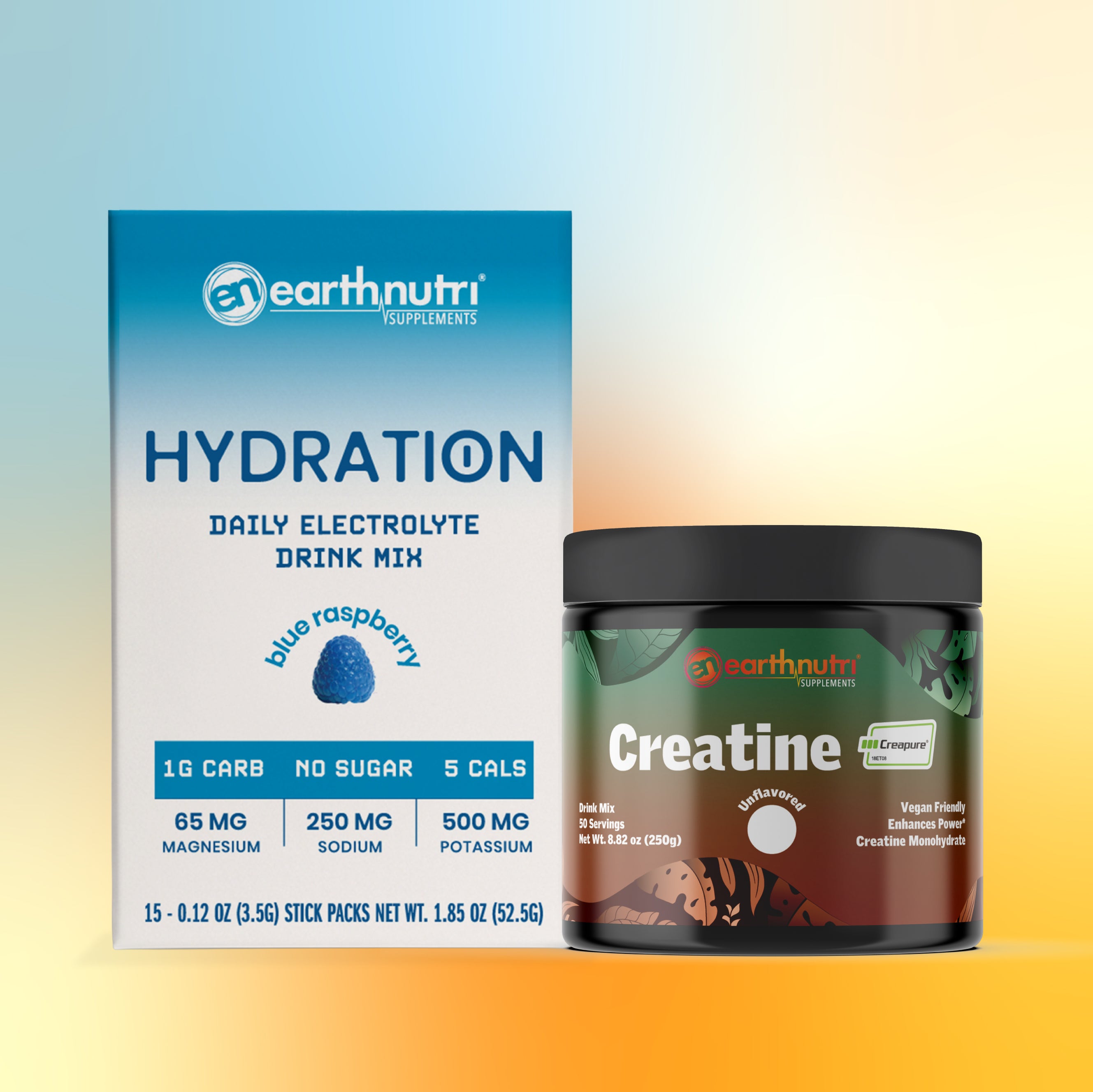 earthnutri hydration and creatine supplement packaging on a gradient background