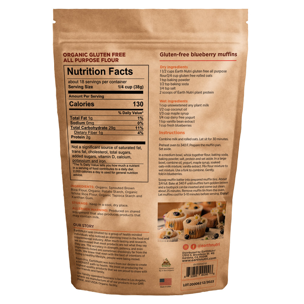 earthnutri - gluten-free flour - Nutrition Facts, back of package