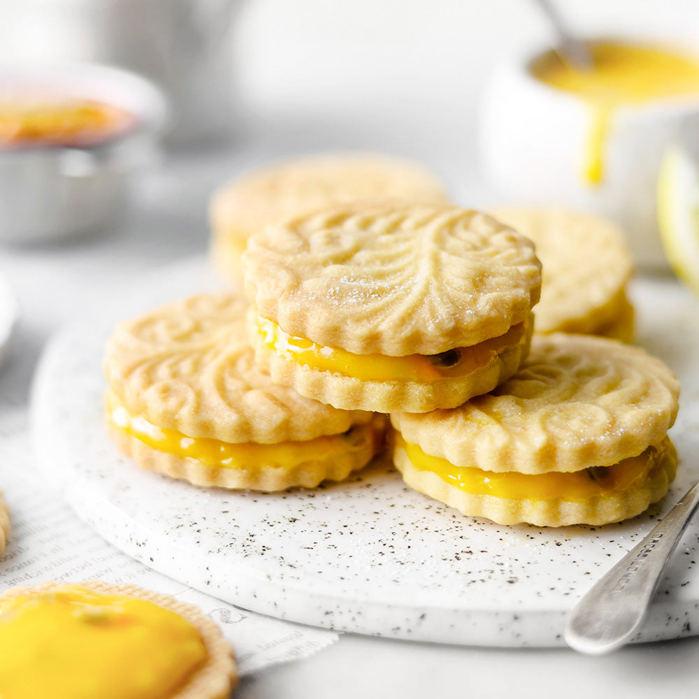 Lemon Passion Fruit Curd Sandwich Cookies, made with earhtnutri gluten-free All purpose flour